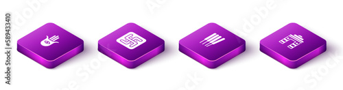 Set Isometric Hamsa hand, Hindu swastika, Aroma sticks, incense and India Gate Delhi icon. Vector
