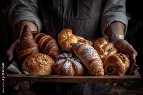 Bakery - various kinds of breadstuff on the rustic tray in baker's hands. Bread rolls, baguette, sweet bun and croissant - closeup photo