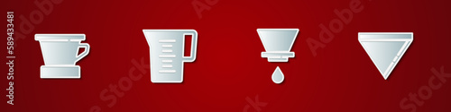Set V60 coffee maker, Jug glass with water, and Coffee paper filter icon. Vector