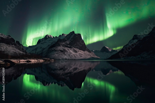 Aurora borealis on the Norway. Green northern lights above mountains. Night sky with polar lights. Night winter landscape with aurora