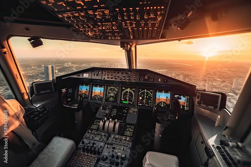 Cockpit of modern passenger jet aircraft. Pilots at work. Aerial view of modern city business district and sunset sky