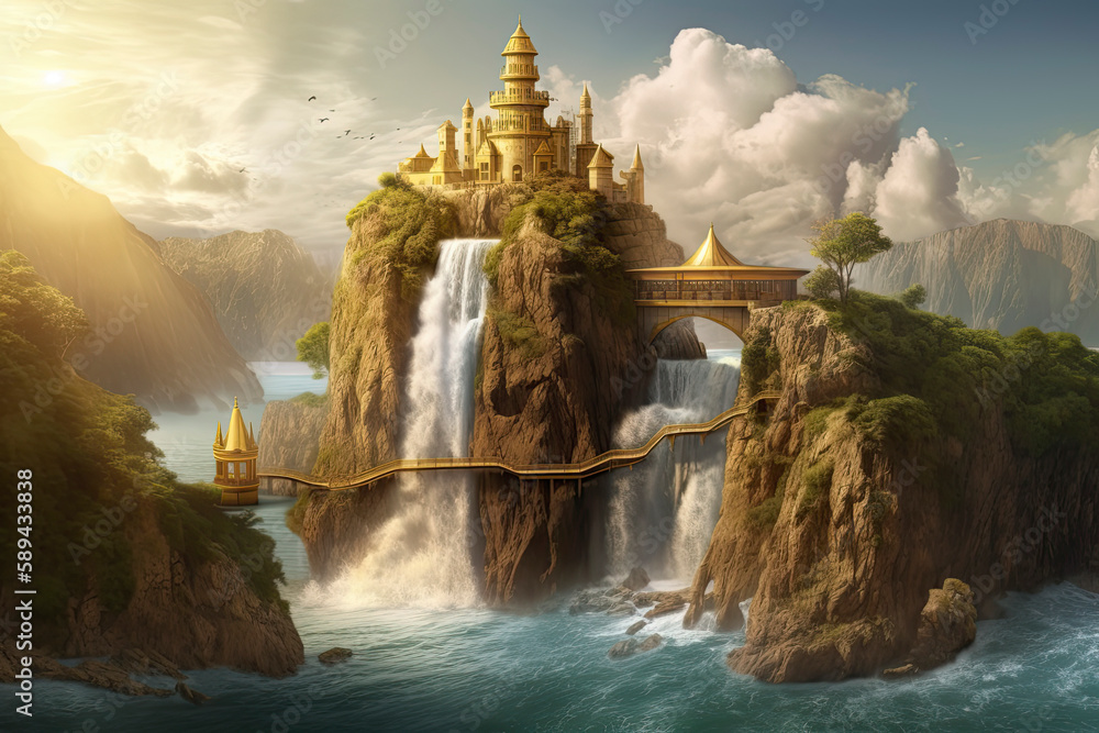 Digital illustration of fantasy island with golden castle tower and waterfall from cliff - obrazy, fototapety, plakaty 