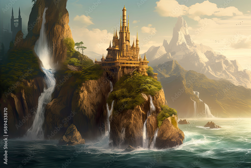 Digital illustration of fantasy island with golden castle tower and waterfall from cliff - obrazy, fototapety, plakaty 
