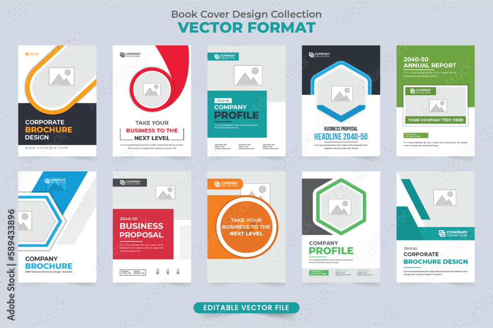 Corporate company magazine cover set design with photo placeholders. Business portfolio cover collection vector with geometric shapes. Modern company profile cover bundle for a business proposal.