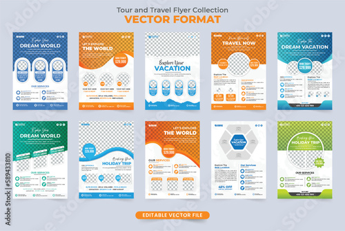 Tour and travel flyer template collection with orange, green, and blue colors. Modern touring business promotional leaflet and poster set vector. Travel agency advertisement flyer bundle vector.