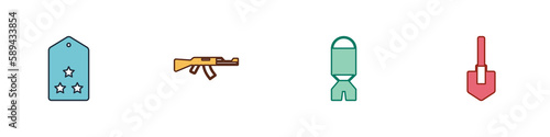 Set Military rank, Submachine gun, Rocket launcher and Shovel icon. Vector