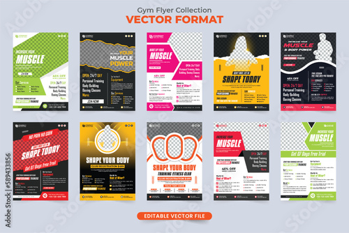 Gym flyer template collection with photo placeholders. Modern gym management business promotional poster and flyer bundle. Fitness and bodybuilding center advertisement flyer layout set vector.