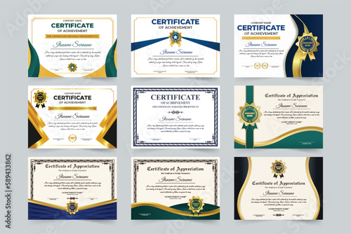 Achievement certificate and credential design collection for academic and official uses. Professional award certificate set vector with colorful border and shapes. Business appreciation paper bundle.