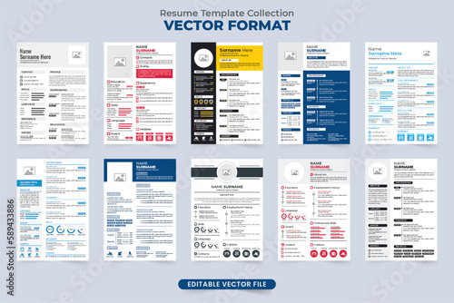 Office job application CV and resume template set vector with photo placeholders. Modern resume layout design collection for employees. Company intern CV template bundle vector for official work.
