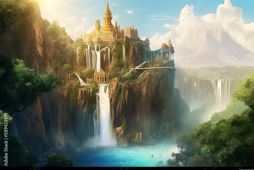 Digital illustration of fantasy island with golden castle tower and waterfall from cliff