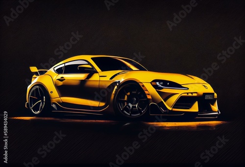 Yellow sports car on a black background. Generative AI © Randy