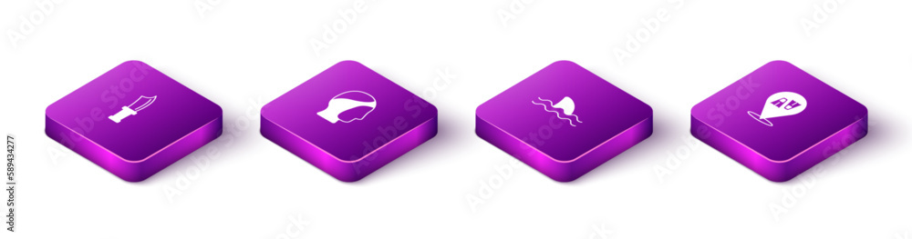 Set Isometric Diving knife, hood, Shark and Flippers for swimming icon. Vector Set Isometric Diving knife, hood, Shark and Flippers for swimming icon. Vector