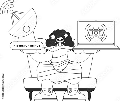 Female manually connecting laptop and antenna to utilize IoT data, linear vector design