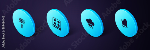Set Isometric Oven glove, Chef hat, Gas stove and Barbecue steel grid icon. Vector