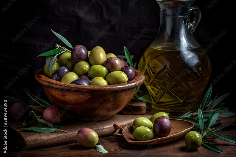Olive oil with fresh olives on rustic wood close up Olive oil with fresh olives on rustic wood close up