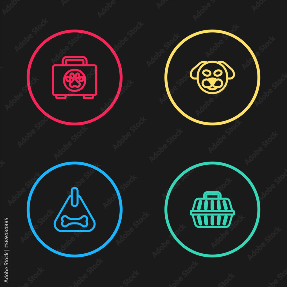 Set line Dog collar, Pet carry case, and first aid kit icon. Vector Set line Dog collar, Pet carry case, and first aid kit icon. Vector