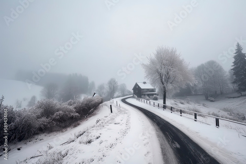 Beautiful view of the snowy curve country road in snowfall
