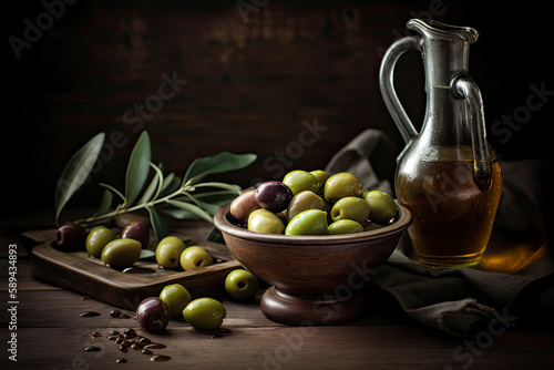 Olive oil with fresh olives on rustic wood close up