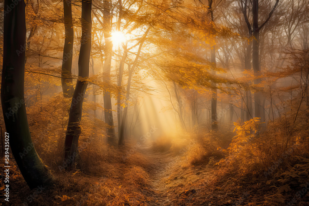 Obraz premium Magical forest landscape with sunbeam lighting up the golden foliage