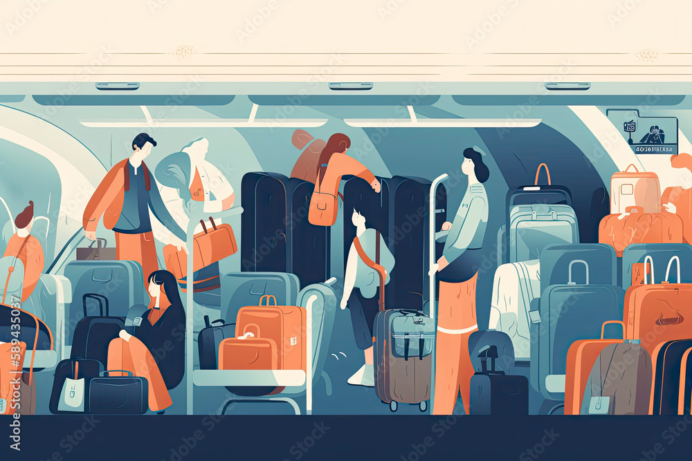 Passenger placing hand luggage, bag on overhead bin in airplane. Angry people waiting in air plane aisle while man putting carry-on baggage on shelf - obrazy, fototapety, plakaty 