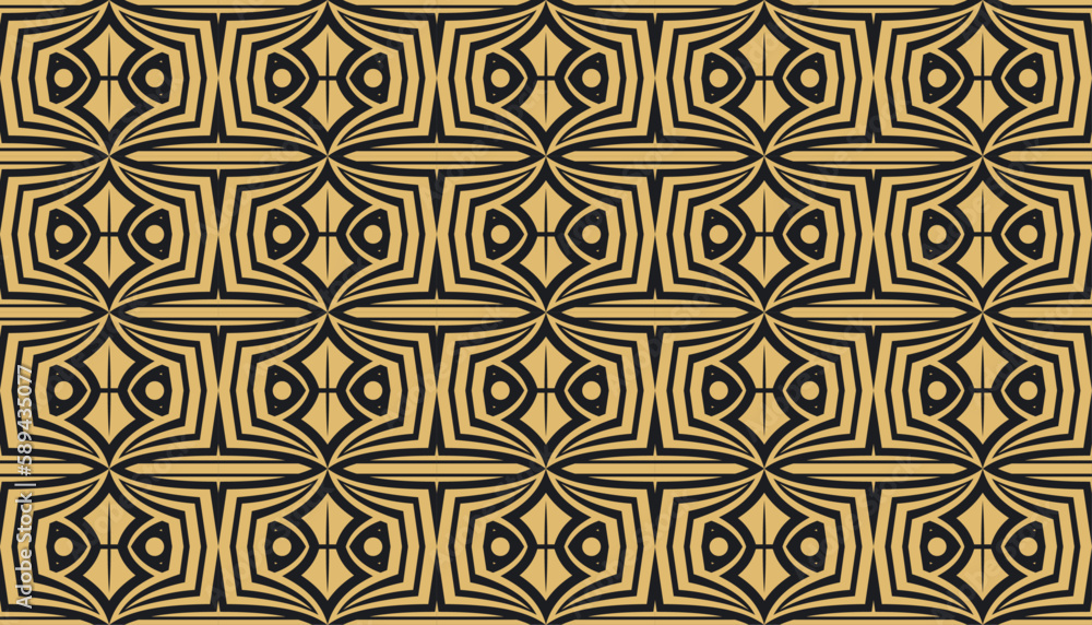 abstract shield shape seamless pattern perfect for background or wallpaper. monochrome gold element in black backdrop. horizontal layout design template.