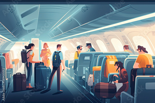 Passenger placing hand luggage, bag on overhead bin in airplane. Angry people waiting in air plane aisle while man putting carry-on baggage on shelf