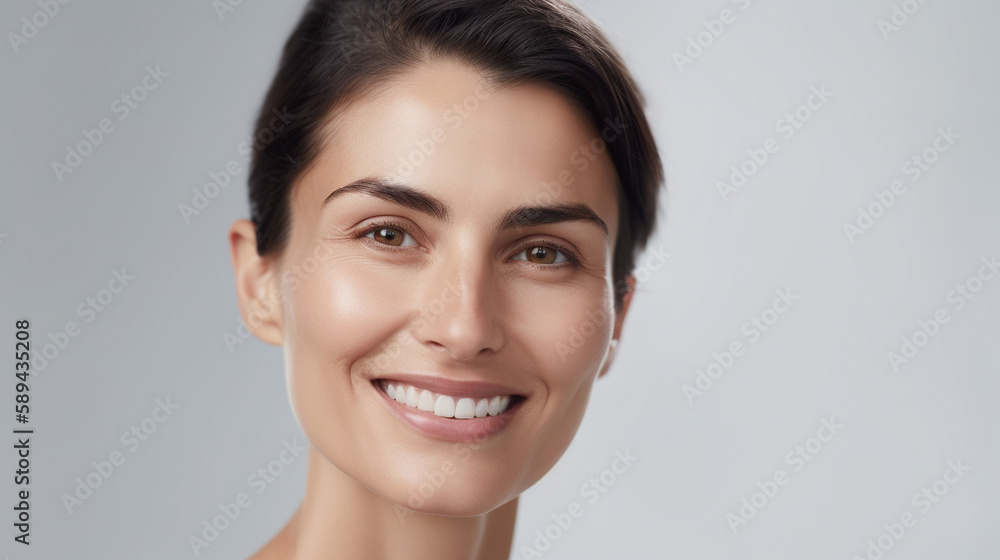 A studio portrait of a beautiful smiling woman with perfect skin, standing against a stark white backdrop. Generative AI image. A studio portrait of a beautiful smiling woman with perfect skin, standing against a stark white backdrop. Generative AI image.