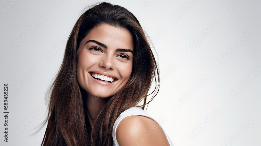 A studio portrait of a beautiful smiling woman with perfect skin, standing against a stark white backdrop. Generative AI image. A studio portrait of a beautiful smiling woman with perfect skin, standing against a stark white backdrop. Generative AI image.