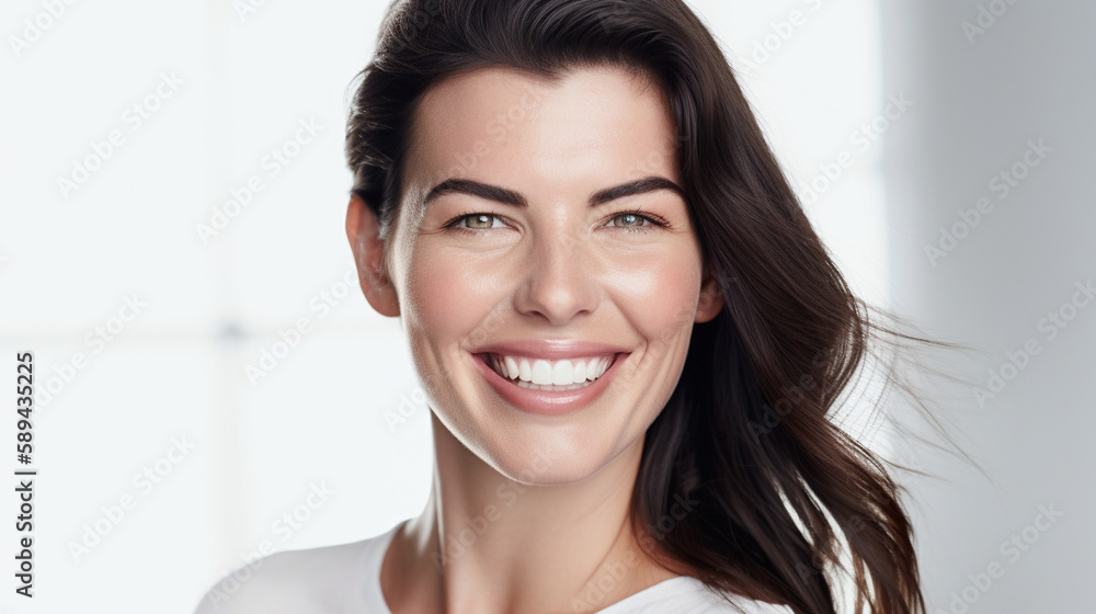 A studio portrait of a beautiful smiling woman with perfect skin, standing against a stark white backdrop. Generative AI image. A studio portrait of a beautiful smiling woman with perfect skin, standing against a stark white backdrop. Generative AI image.