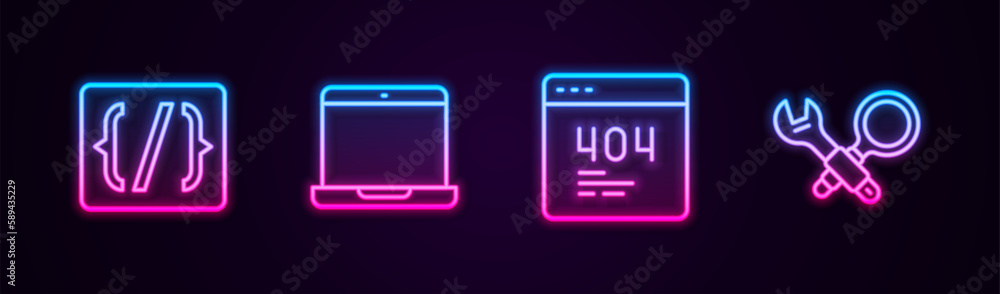 Set line Programming language syntax, Laptop, Page with 404 error and Debugging. Glowing neon icon. Vector Set line Programming language syntax, Laptop, Page with 404 error and Debugging. Glowing neon icon. Vector