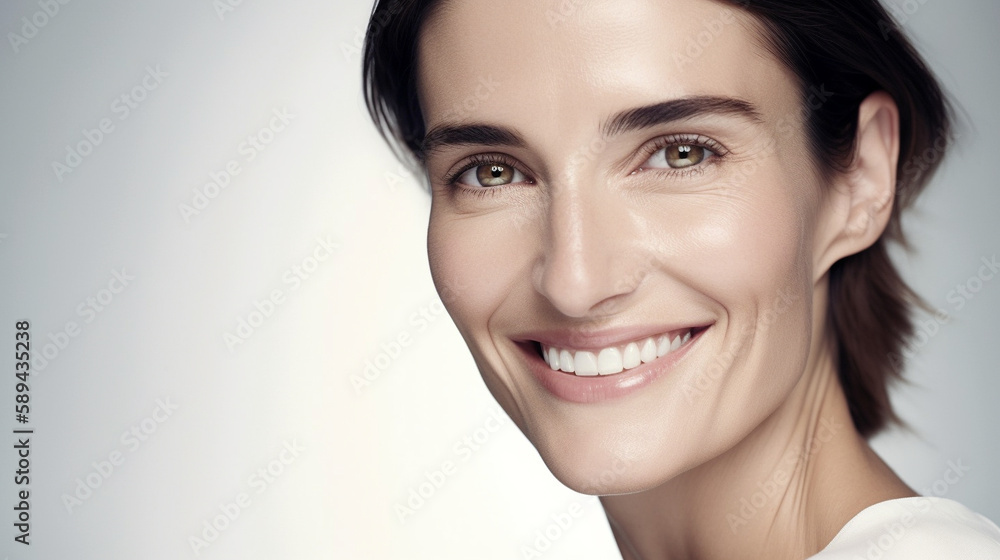 A studio portrait of a beautiful smiling woman with perfect skin, standing against a stark white backdrop. Generative AI image. A studio portrait of a beautiful smiling woman with perfect skin, standing against a stark white backdrop. Generative AI image.