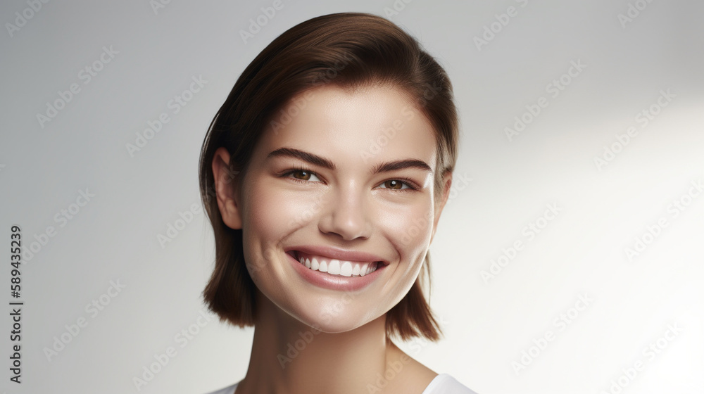 A studio portrait of a beautiful smiling woman with perfect skin, standing against a stark white backdrop. Generative AI image. A studio portrait of a beautiful smiling woman with perfect skin, standing against a stark white backdrop. Generative AI image.