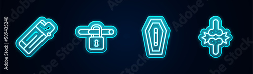 Set line Lighter, No smoking, Death from and Joint pain, knee pain. Glowing neon icon. Vector
