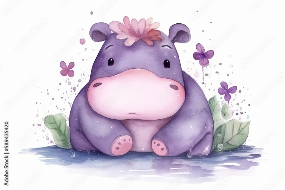 cute Hippo watercolor illustration Generative AI cute Hippo watercolor illustration Generative AI