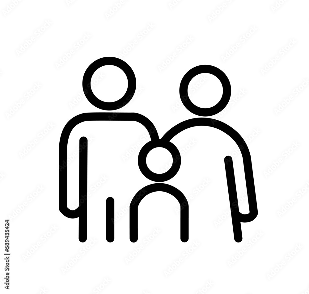 Family icon. Parents and child. Vector family logo. Black and white Illustration on the white background. Silhouette happy family. Symbol human design. Father, mother and kid pictogram sign. Family icon. Parents and child. Vector family logo. Black and white Illustration on the white background. Silhouette happy family. Symbol human design. Father, mother and kid pictogram sign.