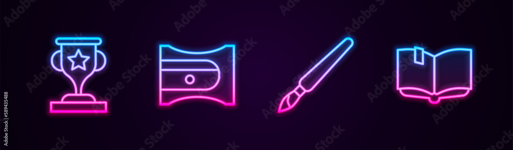 Set line Award cup, Pencil sharpener, Paint brush and Open book. Glowing neon icon. Vector Set line Award cup, Pencil sharpener, Paint brush and Open book. Glowing neon icon. Vector