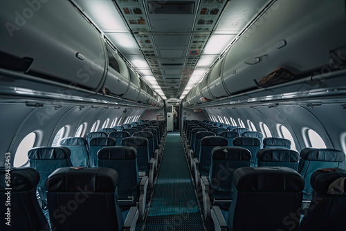 Interior of an airplane cabin with comfortable seats, overhead compartments