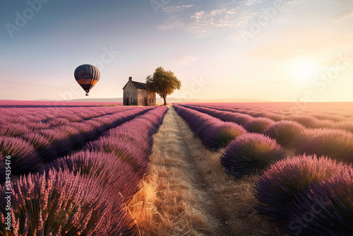 Endless lavender field with little shed and flying hot air balloon at a sunrise time in Valensole, Provence, France © rufous