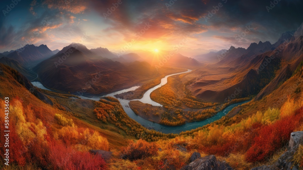 Vibrant landscape of rolling hills, towering mountains, and a crystal-clear river snaking through the valley. Generative AI