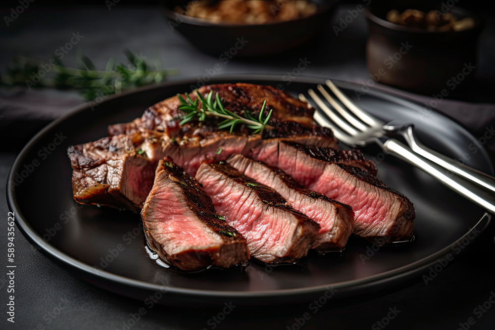 Sliced medium rare grilled steak on plate