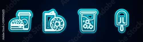 Set line Coffee and burger, Aluminum can soda donut, Glass with water and Ice cream. Glowing neon icon. Vector