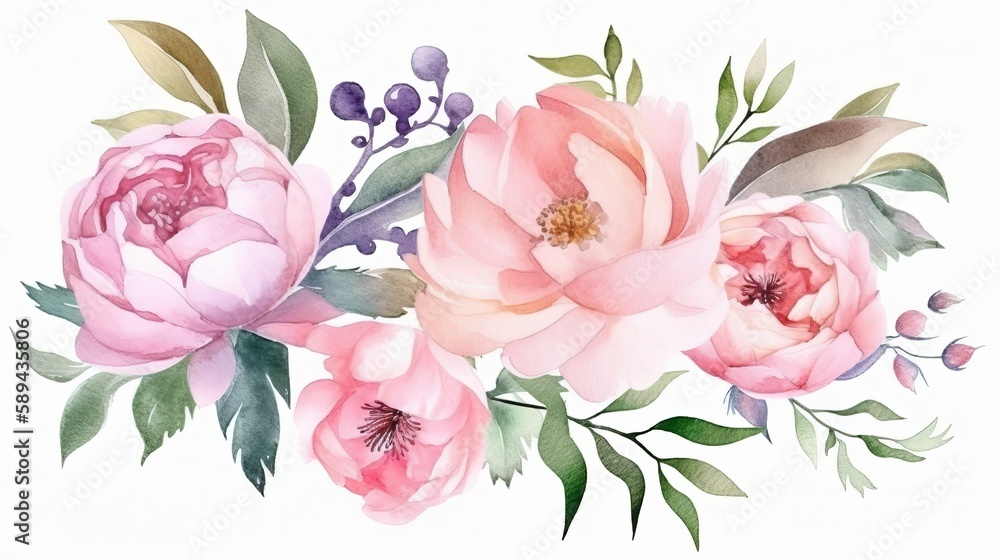 Watercolor bouquet with roses and peony flowers Generative AI