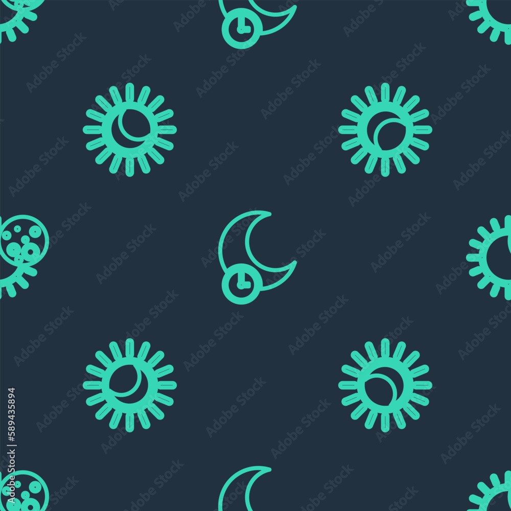 Set line Sleeping moon, Eclipse of the sun and on seamless pattern. Vector