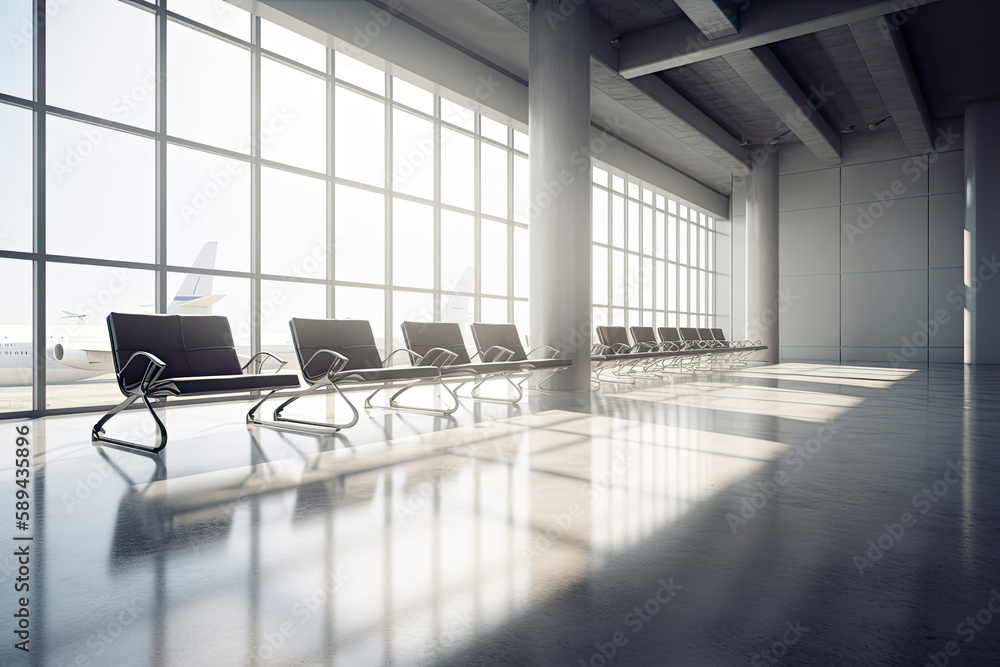 Travel and holidays concept with side view on light empty seat rows in sunlit spacious airport Travel and holidays concept with side view on light empty seat rows in sunlit spacious airport