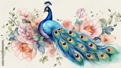 Watercolor peacock with flowers Generative AI photo