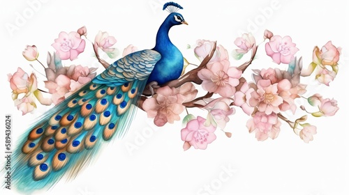 Watercolor peacock with flowers Generative AI