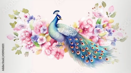 Watercolor peacock with flowers Generative AI