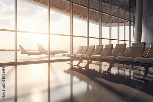 Travel and holidays concept with side view on light empty seat rows in sunlit spacious airport