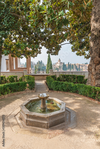 Photographs taken from various angles of the Al-Hamra palace in Granada, Andalusia, Spain.