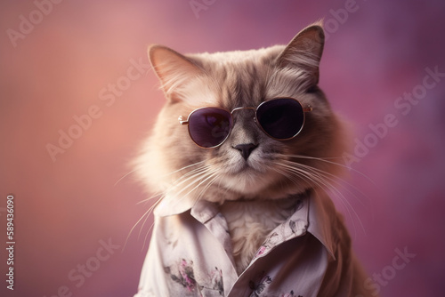 Fashion photography portrait of a cat in a stylish modern outfit. Generative AI